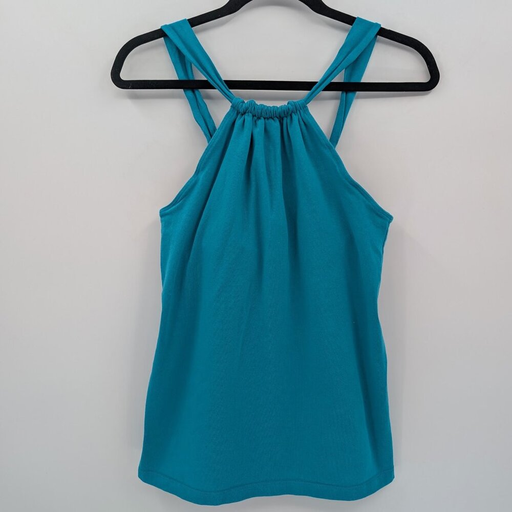 Athleta Large Teal Blue Halter Knit Top Cotton Blend